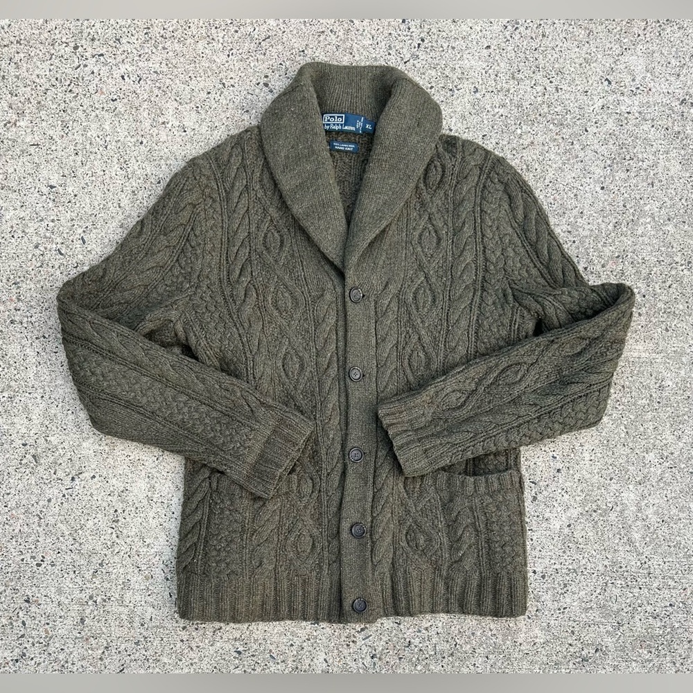 Polo by Ralph Lauren Olive Green Cable Knit Shawl Collar Cardigan